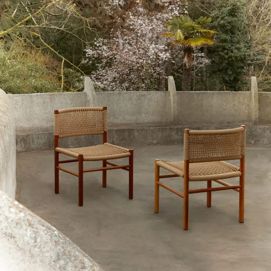 Exceptional Billiani Harry’s chair crafted from Iroko or Ashwood with light brown hand-woven cord and satin finish