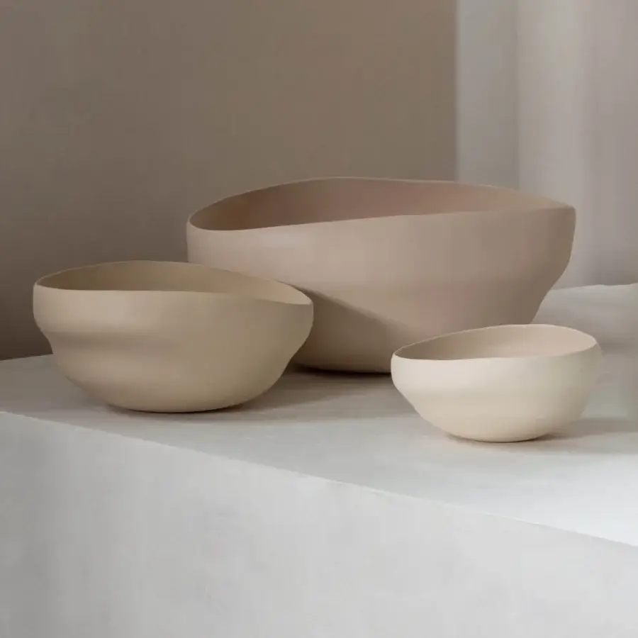 Distinguished Rina Menardi Noci vase exhibiting sculpted organic form in warm beige with a smooth matte finish