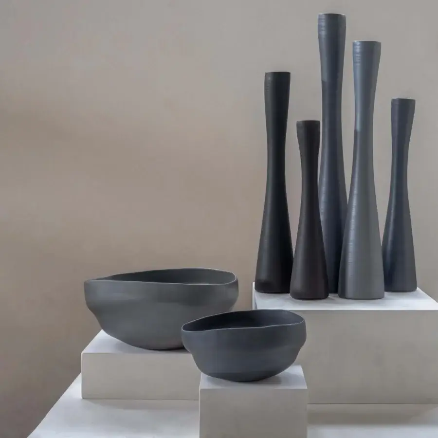 Exclusive Rina Menardi Noci vase crafted in dark gray ceramic with subtle vertical striations and matte finish