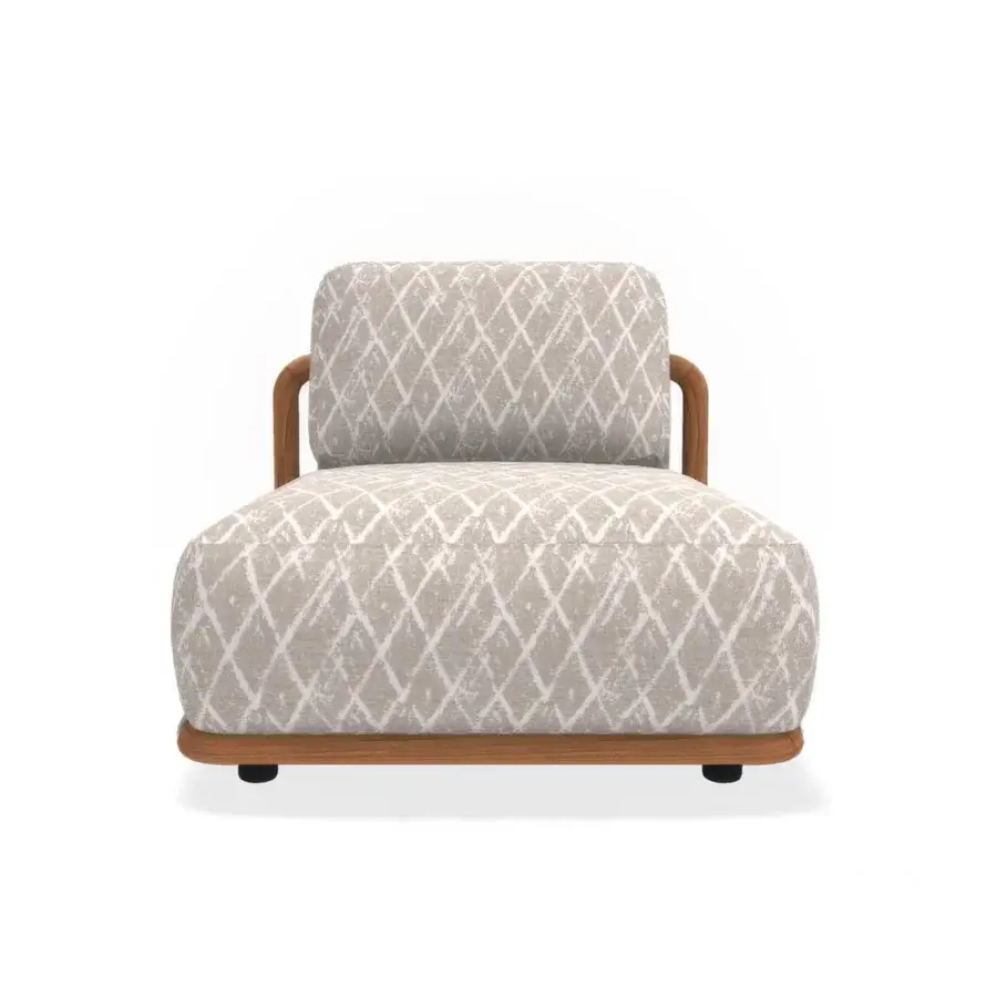 Exceptional Giorgetti Moorea lounge chair with a pewter-painted stainless steel structure and patterned, textured upholstery in light and darker tones
