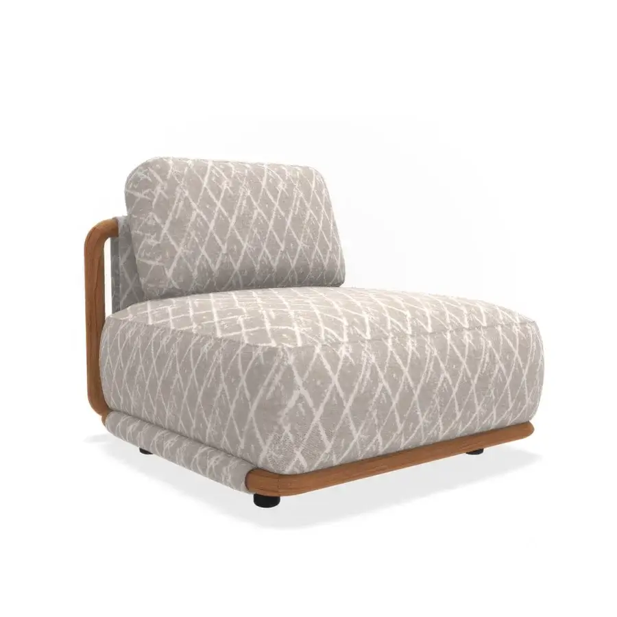 Lavish Giorgetti Moorea lounge chair crafted with pewter-painted stainless steel and painted teak, upholstered in muted beige and charcoal textile
