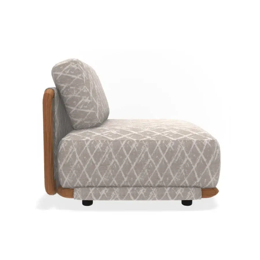 Superior Giorgetti Moorea lounge chair with a pewter-painted stainless steel frame and painted teak inserts upholstered in beige-gray textile