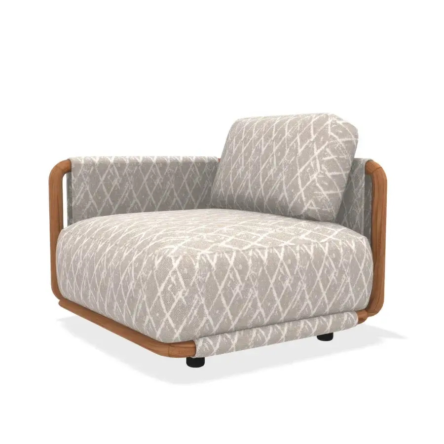 Distinguished Giorgetti Moorea lounge chair with pewter-painted stainless steel and painted teak, upholstered in weather-resistant beige textile