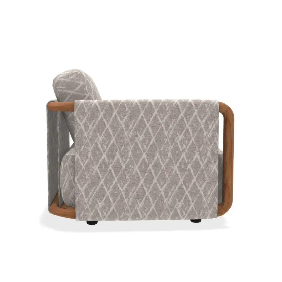 Exceptional Giorgetti Moorea lounge chair with pewter-painted stainless steel, painted teak, and muted beige-grey diamond textile cushioning