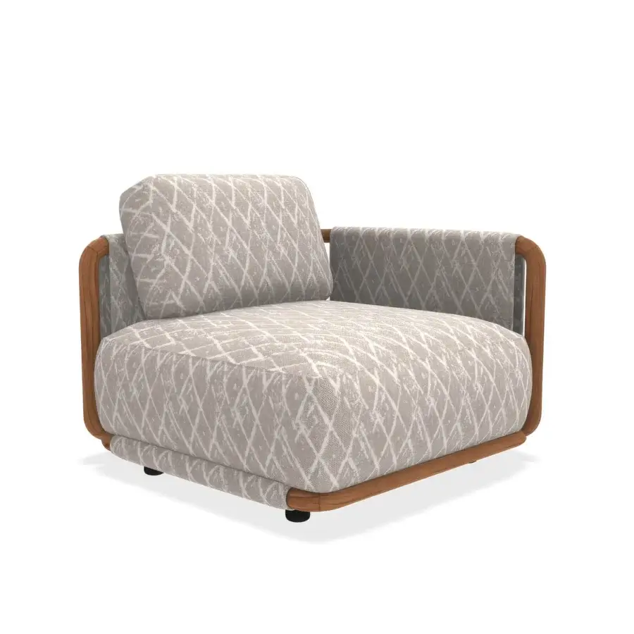 Refined Giorgetti Moorea lounge chair with a pewter-painted stainless steel frame and geometric gray textile upholstery