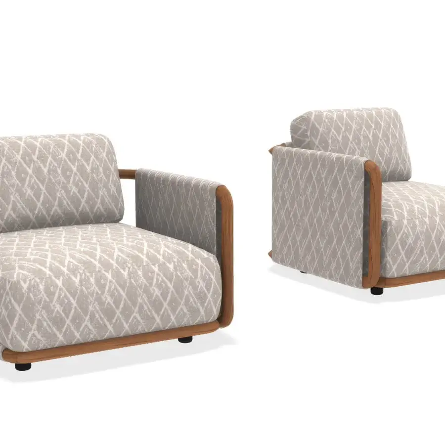Superior Giorgetti Moorea lounge chair crafted with pewter-painted stainless steel, painted teak inserts, and light gray patterned textile cushioning