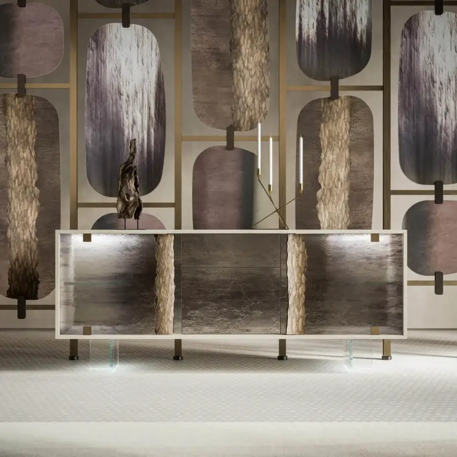 Distinguished Arte Veneziana Giarada sideboard with pearl grey ash wood, tempered glass doors in Barbaresco and Roddi finishes, plus burnished brass accents