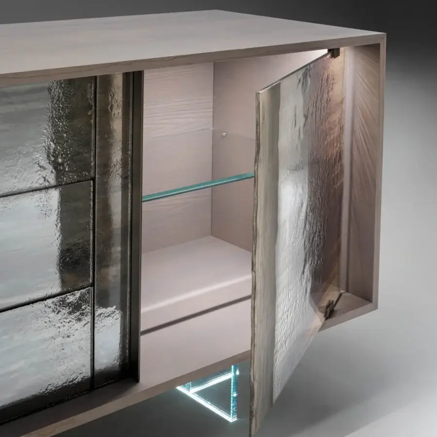Lavish Arte Veneziana Giarada sideboard crafted with pearl grey ash wood and Barbaresco, Roddi tempered glass doors with silver casting details