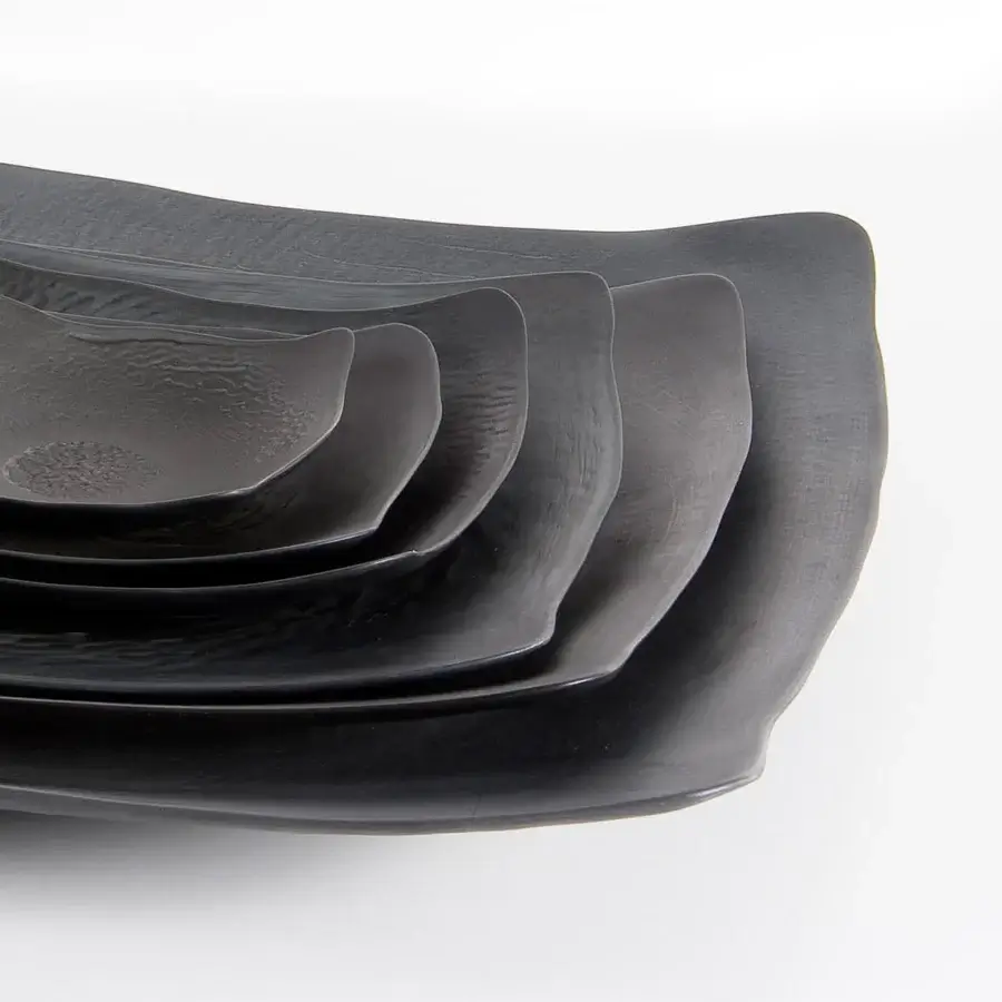 Superior Rina Menardi Quadri centerpiece crafted in charcoal gray wood with organically shaped, asymmetrical forms