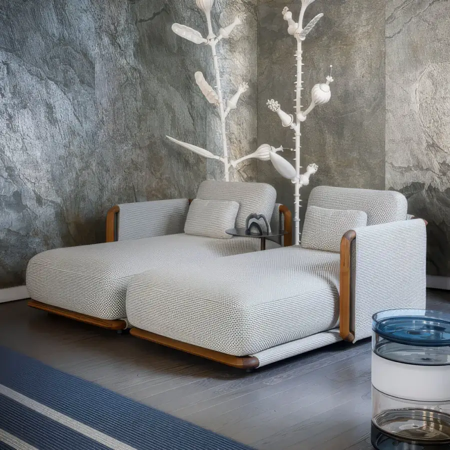 Distinguished Giorgetti Moorea chaise lounge with pewter-painted stainless steel and teak, offering light grey draining rubber cushioning