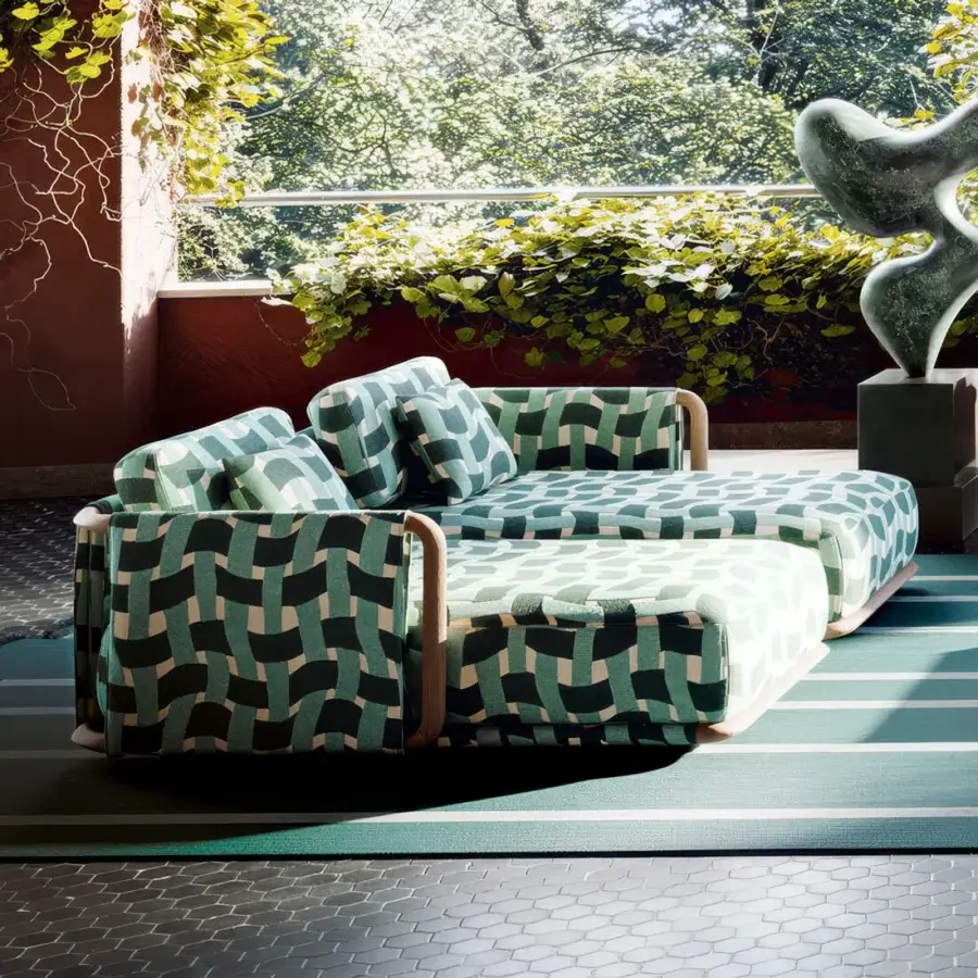 Exceptional Giorgetti Moorea chaise lounge crafted with pewter-painted stainless steel and teak, upholstered in patterned green textile
