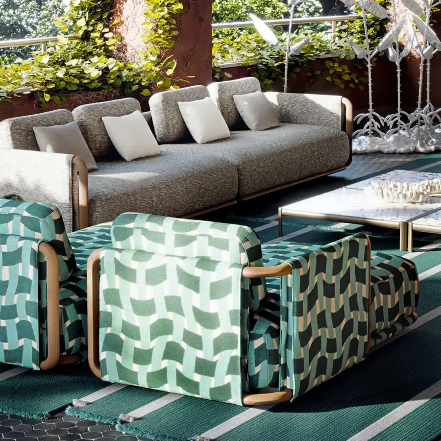 Elegant Giorgetti Moorea chaise lounge built with pewter-painted stainless steel and teak, upholstered in sage and forest green fabric