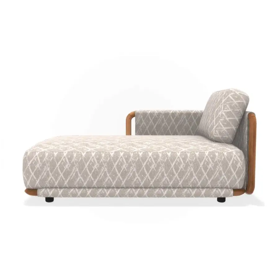 Distinguished Giorgetti Moorea chaise lounge crafted with pewter-painted stainless steel and teak, upholstered in beige diamond lattice textile