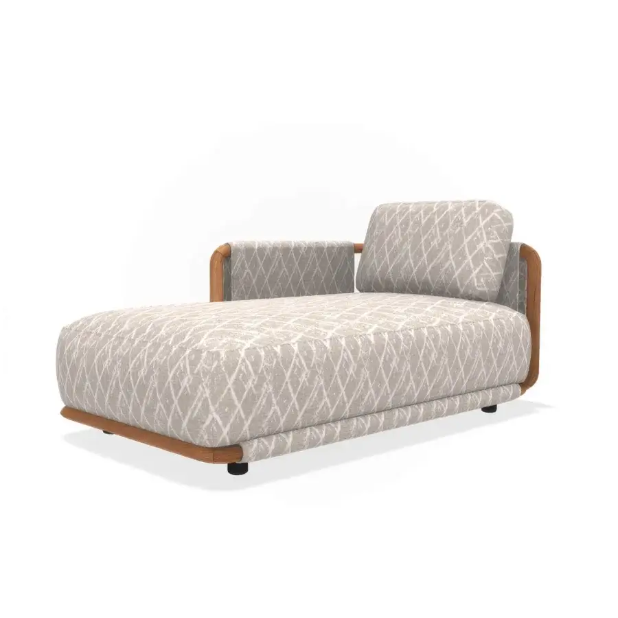 Exceptional Giorgetti Moorea chaise lounge with pewter-painted stainless steel, painted teak, and neutral beige geometric textile upholstery