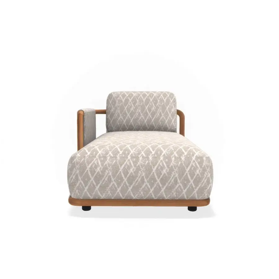 Superior Giorgetti Moorea chaise lounge with stainless steel, painted teak, and patterned beige textile upholstery