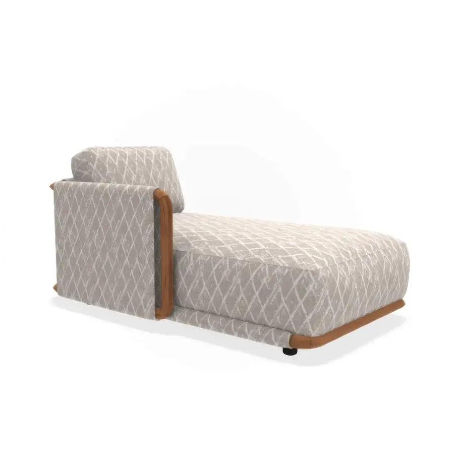 Lavish Giorgetti Moorea chaise lounge with pewter-painted stainless steel, teak inserts, and neutral geometric textile upholstery