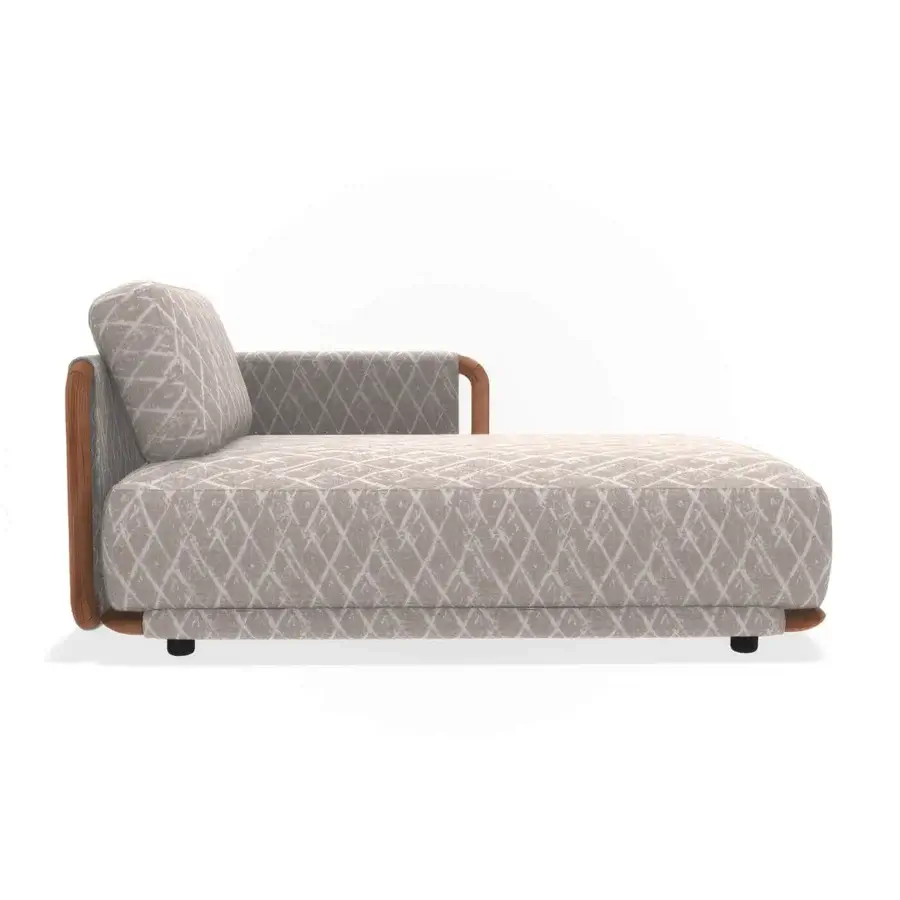 Exceptional Giorgetti Moorea chaise lounge crafted with pewter-painted stainless steel and painted teak, exhibiting a subtle beige textile pattern