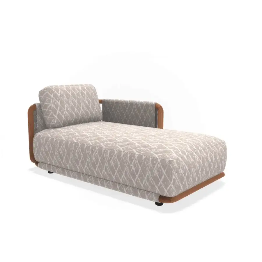 Superior Giorgetti Moorea chaise lounge crafted with pewter-painted stainless steel, teak inserts, and neutral beige fabric upholstery