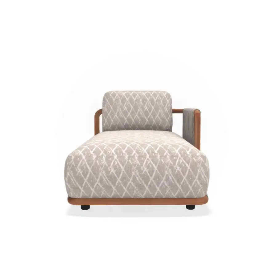 Lavish Giorgetti Moorea chaise lounge crafted with pewter-painted stainless steel, teak inserts, and muted beige textile upholstery