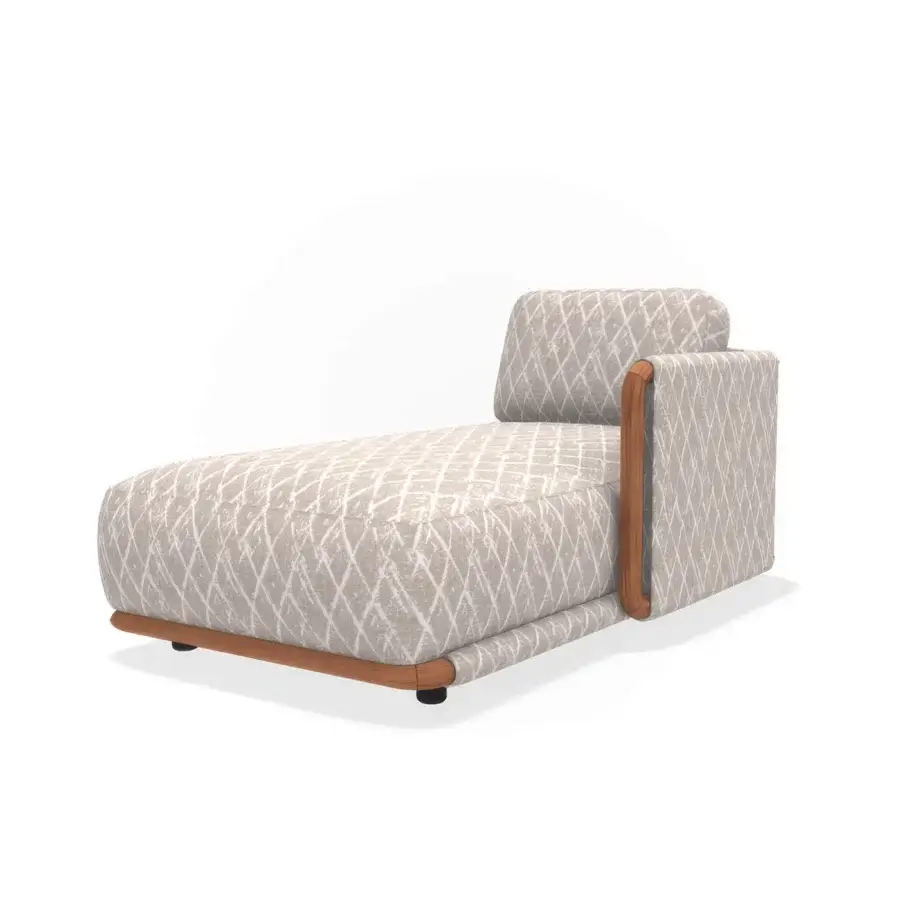 Distinguished Giorgetti Moorea chaise lounge with pewter-painted stainless steel, painted teak, and neutral beige textile featuring a gray lattice pattern