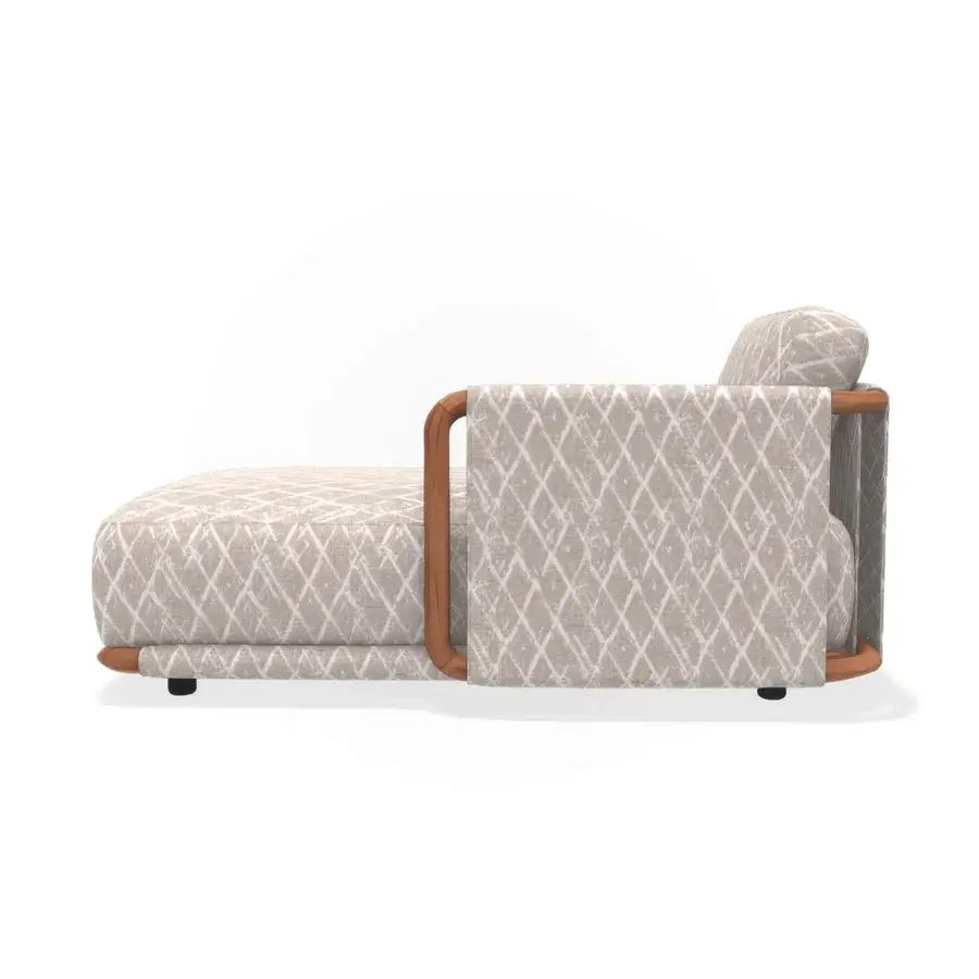 Exceptional Giorgetti Moorea chaise lounge with pewter-painted stainless steel, teak inserts, and muted beige textile exhibiting a subtle diamond pattern
