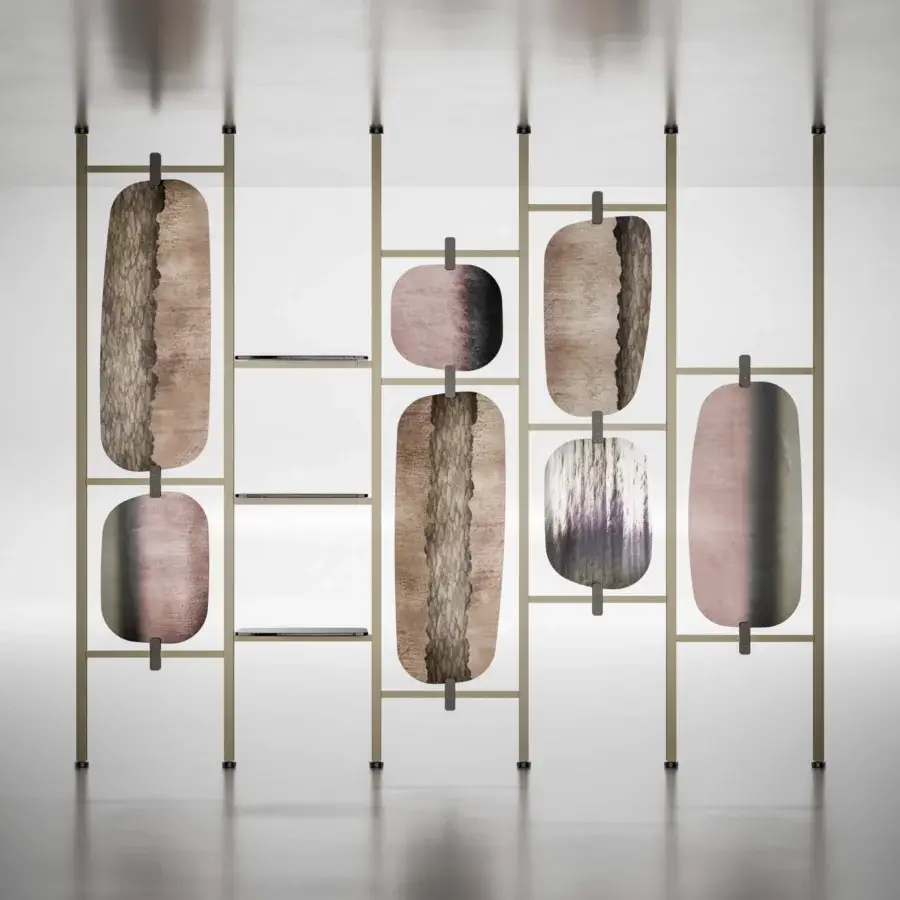 Distinguished Arte Veneziana Cru room divider crafted with burnished brass metal and tempered glass displaying dynamic wood grain patterns