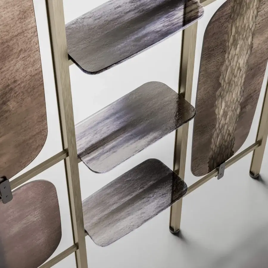 Captivating Arte Veneziana Cru room divider built with burnished brass metal and muted purple-brown gradient tempered glass panels