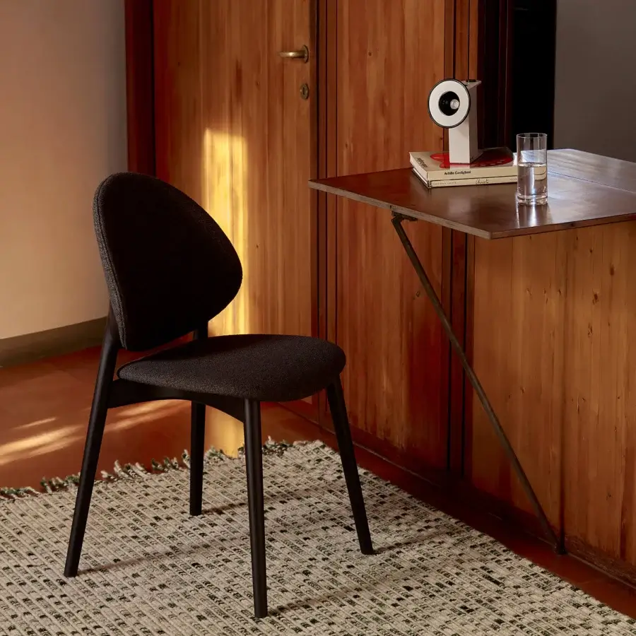 Distinctive Billiani Fleuron dining chair with wood frame, dark gray textile upholstery and satin finish