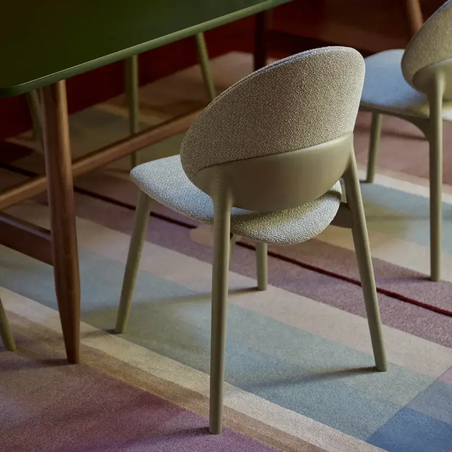Superior Billiani Fleuron dining chair with light olive green textile upholstery and matte finish legs