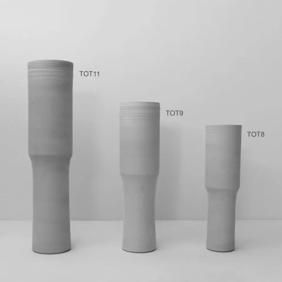 Distinguished Rina Menardi Totem vase set crafted in light gray with a matte textured finish for decorative use