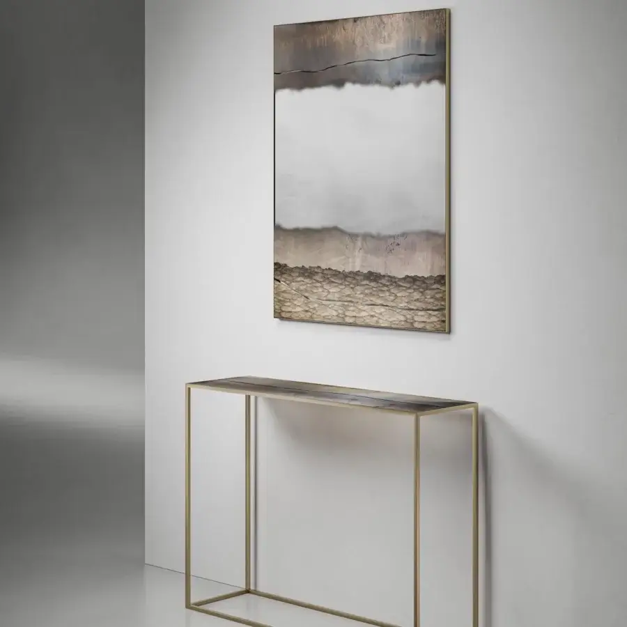 Exquisite Arte Veneziana Fenestra mirror crafted with wood and burnished brass, showcasing medium antique glass with silver casting