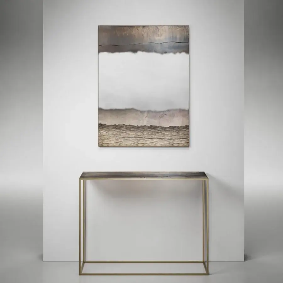 Distinguished Arte Veneziana Fenestra mirror crafted with wood and burnished brass, exhibiting layered glass with a medium antique finish and silver casting