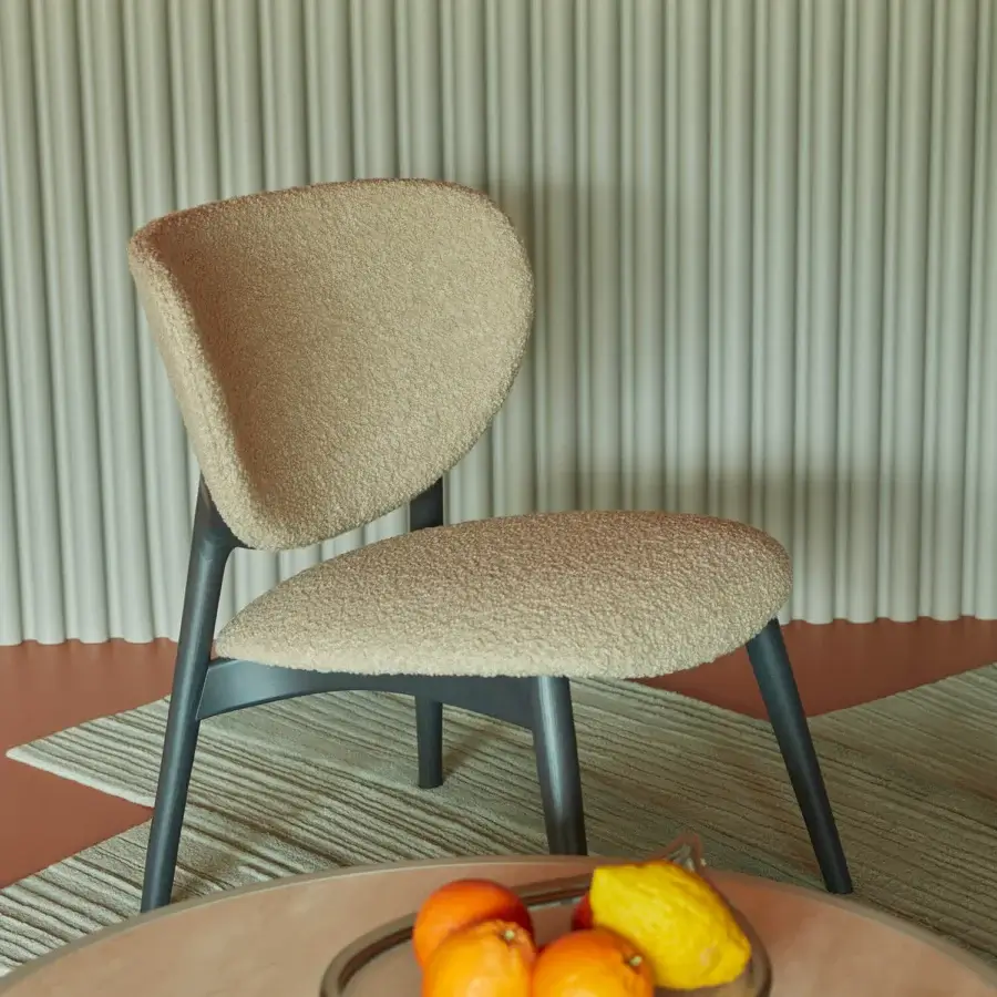 Elegant Billiani Fleuron lounge chair in warm beige bouclé textile with dark satin-finished wood frame and refined rear woodworking