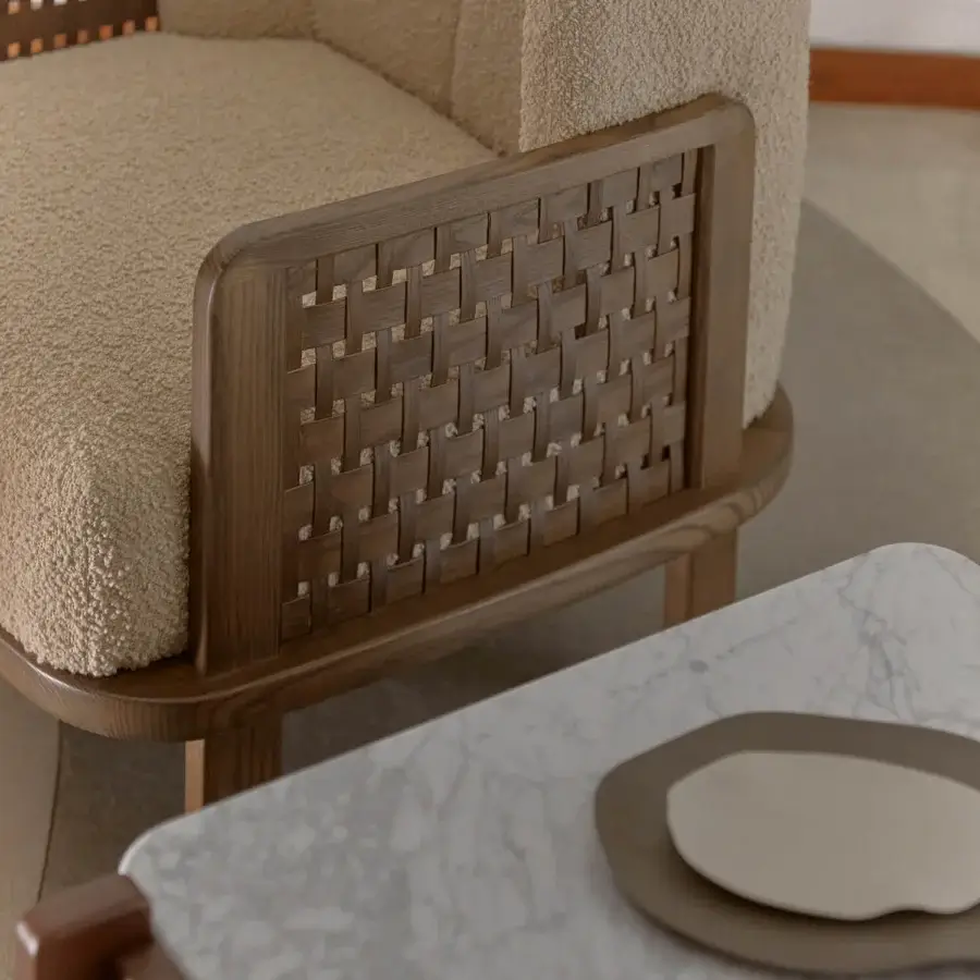 Exceptional Billiani Raquette lounge chair with woven rectangular panel in satin-finished wood and light beige textured seat