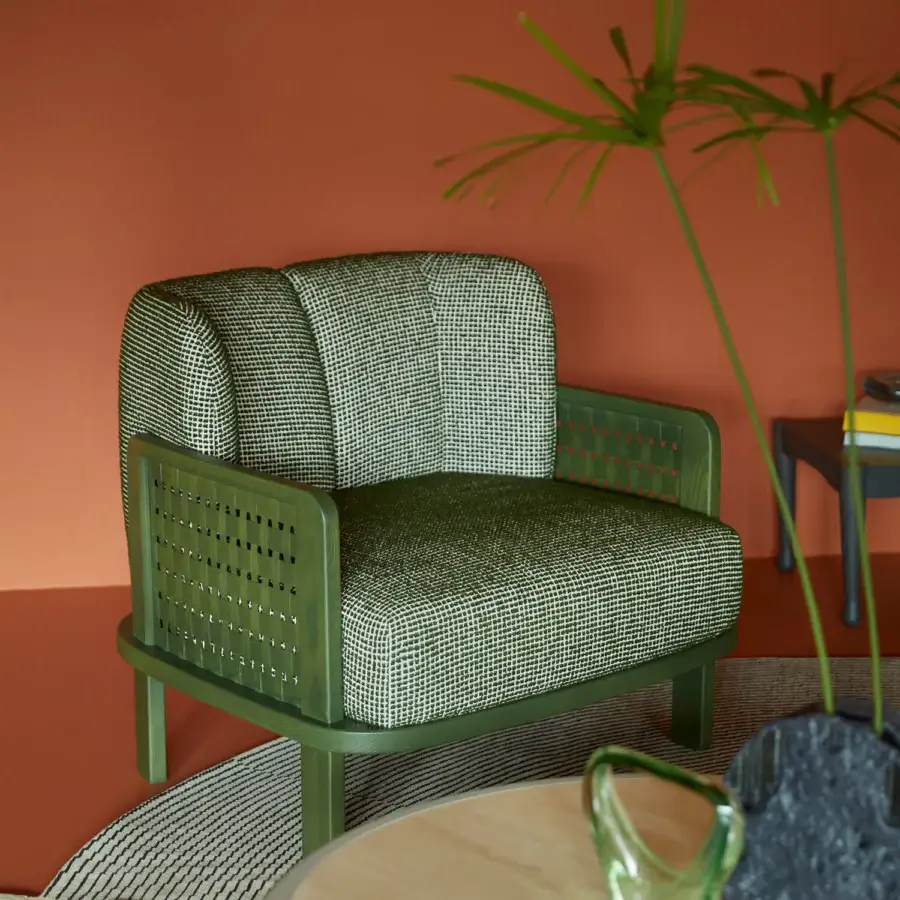 Elegant Billiani Raquette lounge chair with checkered green and white textile in satin-finished olive-green wood