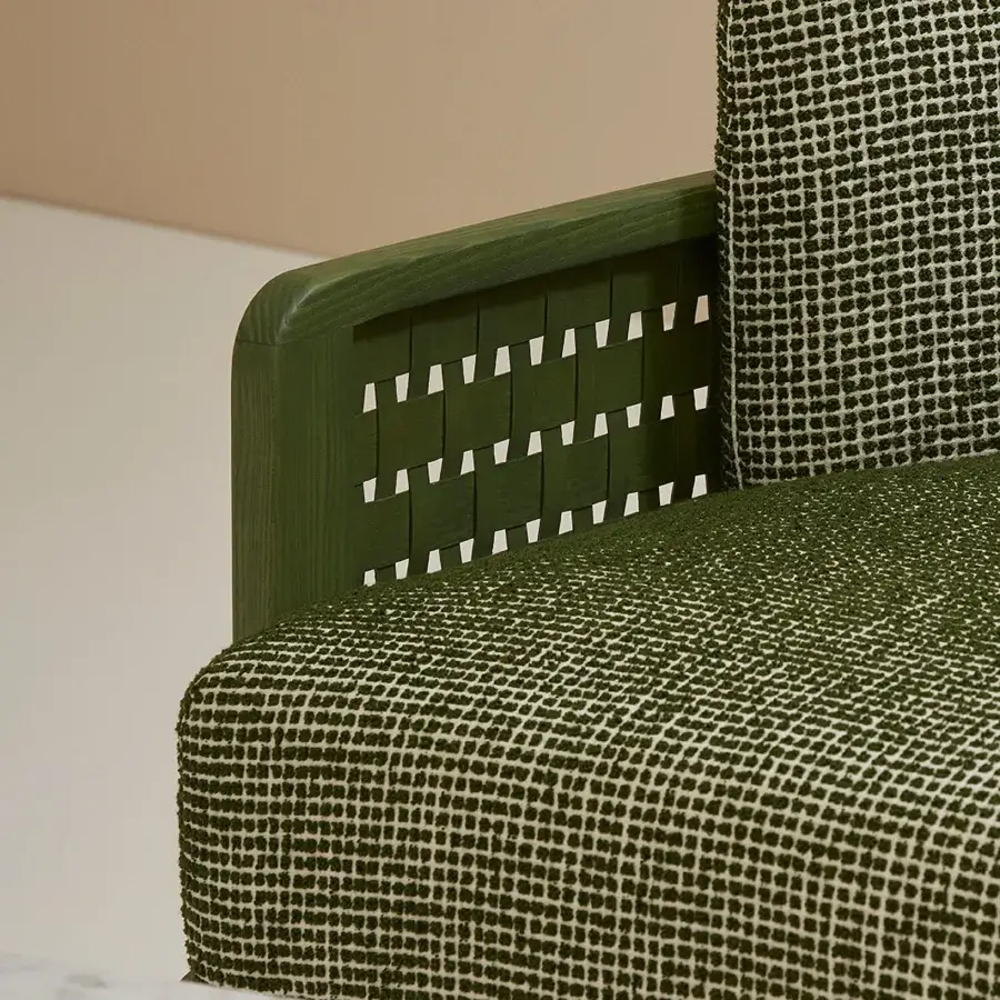 Exceptional Billiani Raquette lounge chair with textured green textile and satin-finish wood armrests accented with white woven strapping