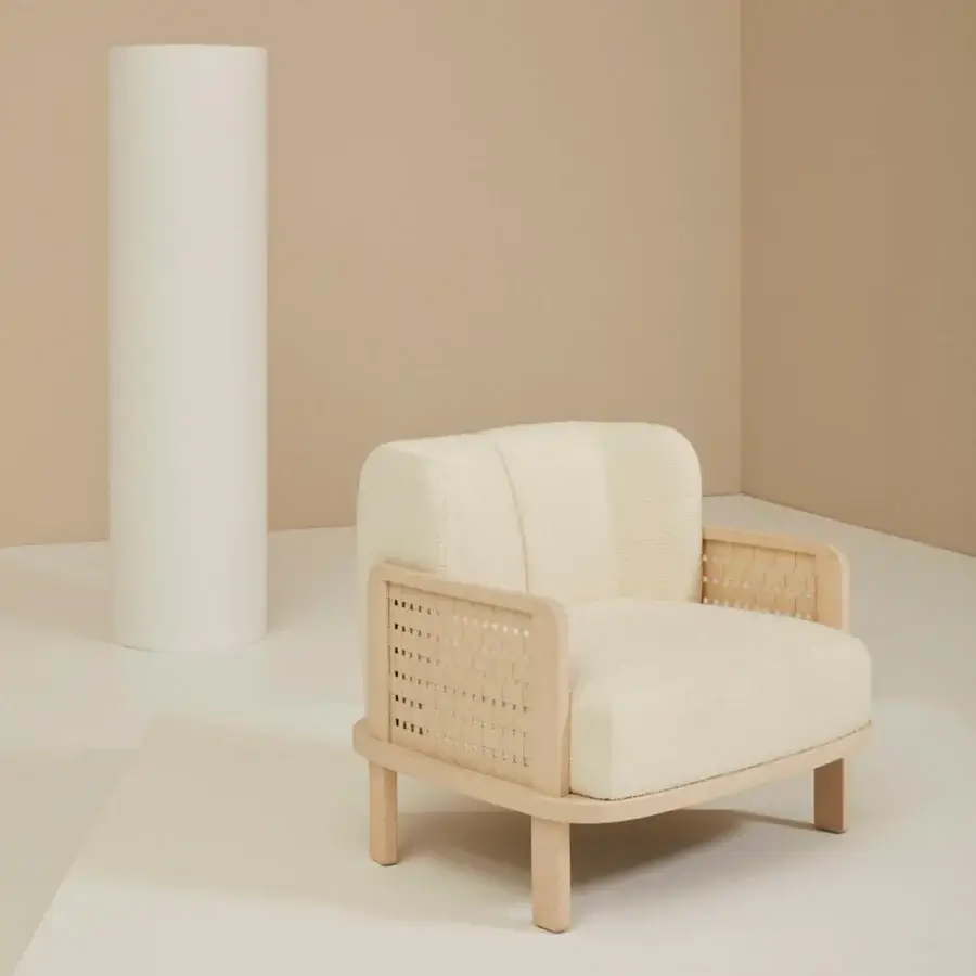 Sophisticated Billiani Raquette lounge chair with natural wood frame and woven cream-colored textile construction