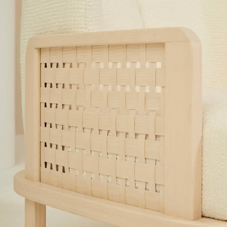 Elegant Billiani Raquette lounge chair with woven pale beige panel and smooth satin-finished solid wood construction