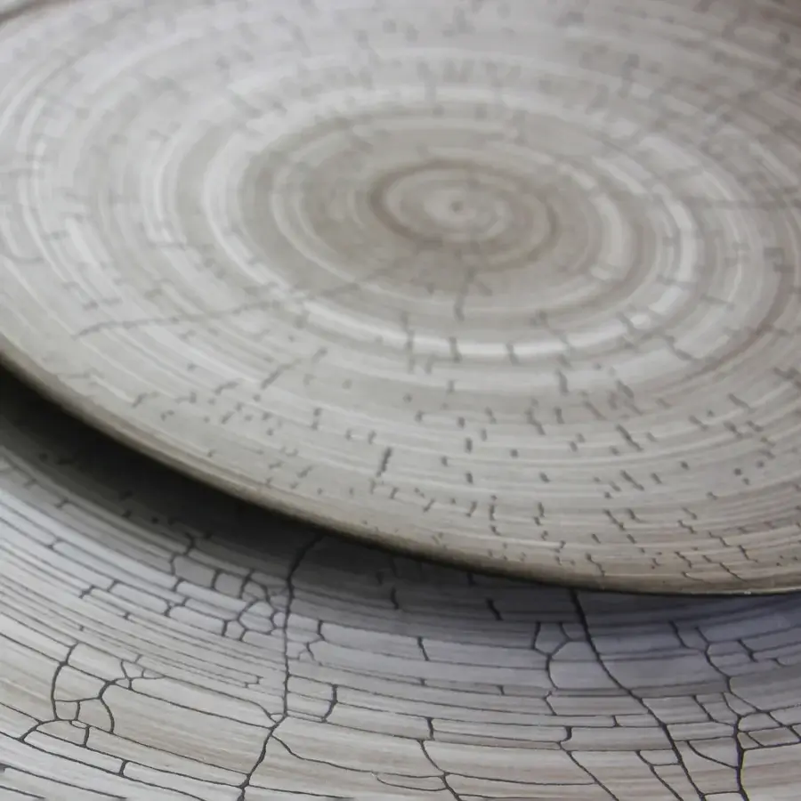 Exclusive Rina Menardi Triangolo centerpiece, a stunning decorative accent crafted in textured ceramic stoneware with a muted light gray finish