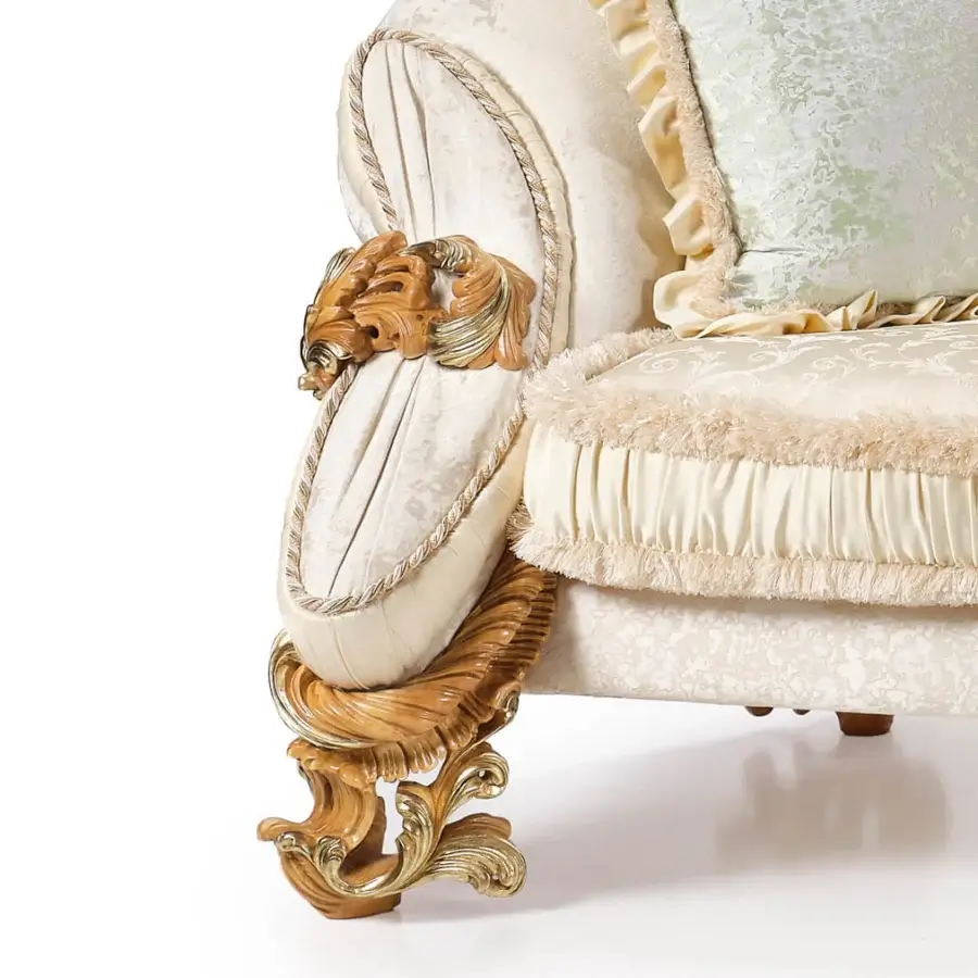 Lavish Riva Mobili D'Arte 22263 sofa crafted in Italy with Italian silks and velvets, exhibiting a glossy golden tone finish
