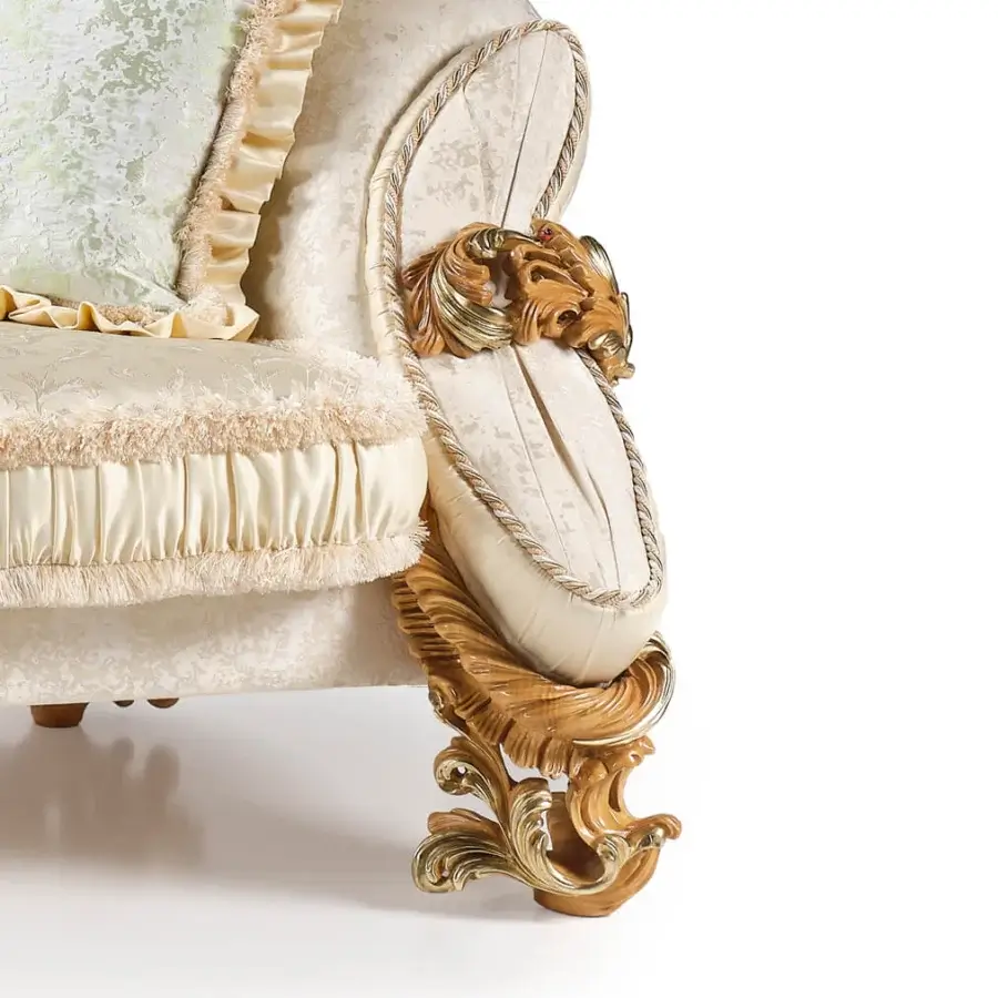 Distinguished Riva Mobili D'Arte 22263 sofa handcrafted in Italy with creamy patterned silks, gold tones and glossy ornate wood finish