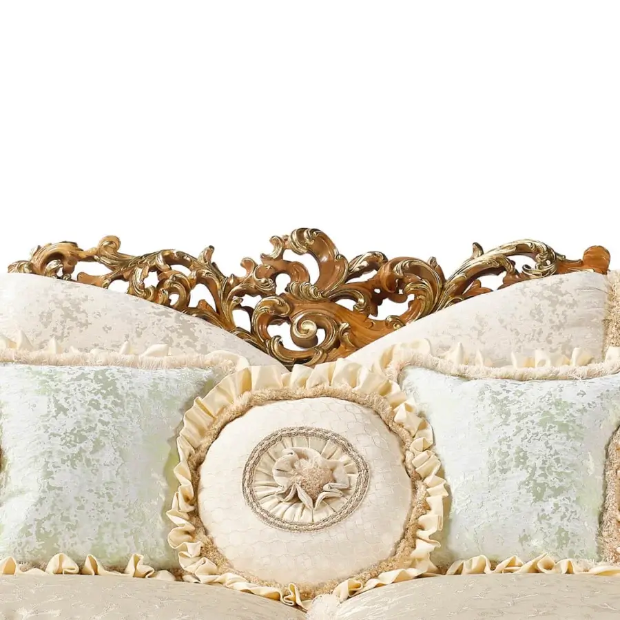 Exquisite Riva Mobili D'Arte 22263 sofa crafted in Italy with pale green and cream patterned silks, plus floral embroidered cushions and gilded wood finish