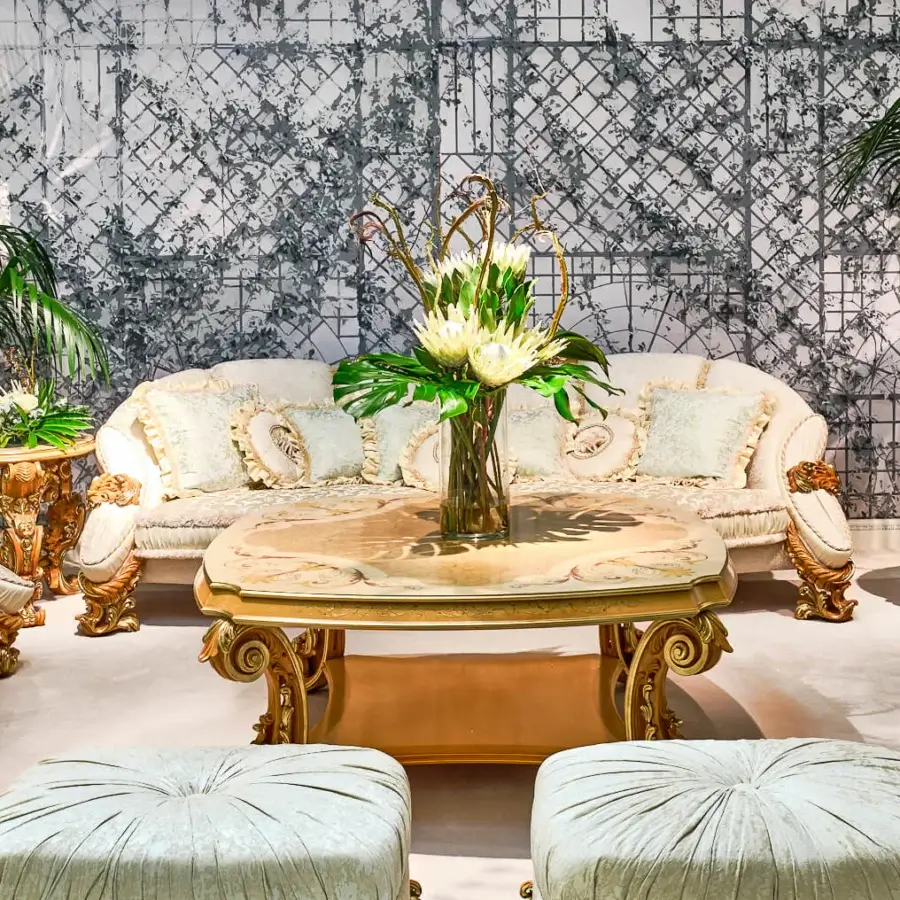 Superior Comacina Collection sofa handcrafted in Italy with cream and pale blue Italian silks and velvets with a glossy golden tone finish