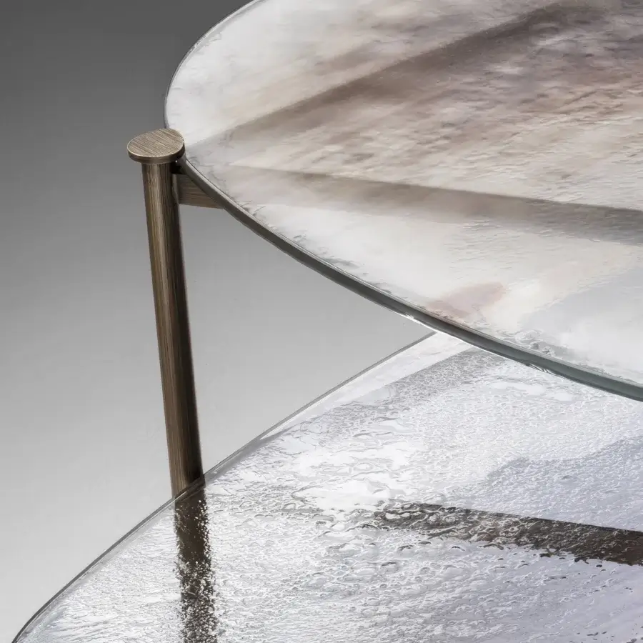 Distinguished Arte Veneziana Medardo coffee table with burnished brass metal and two levels of tempered glass in Barbaresco finish