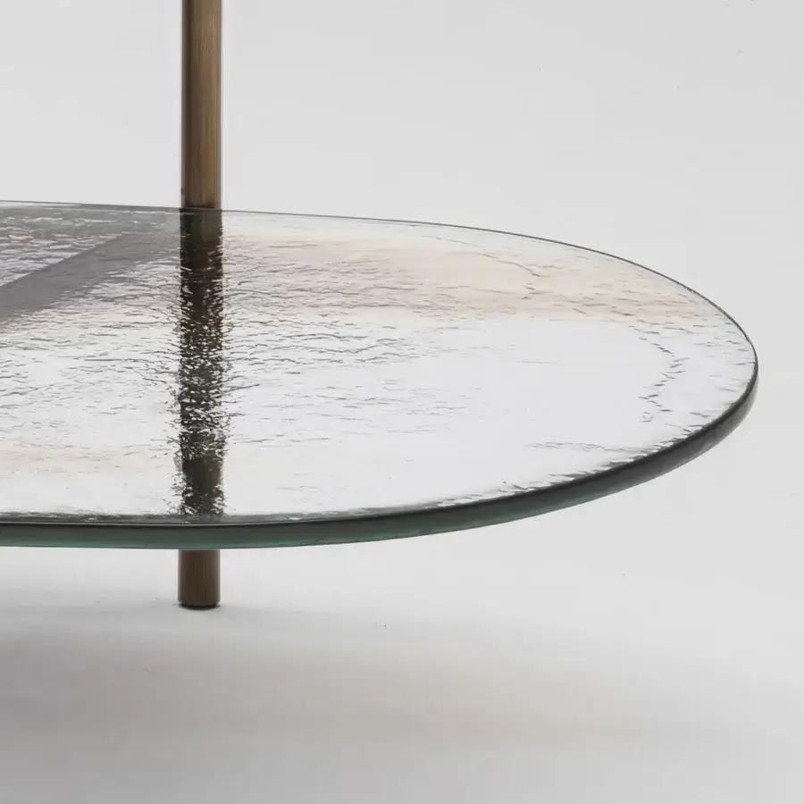 Lavish Arte Veneziana Medardo coffee table with burnished brass metal and two levels of Barbaresco tempered glass