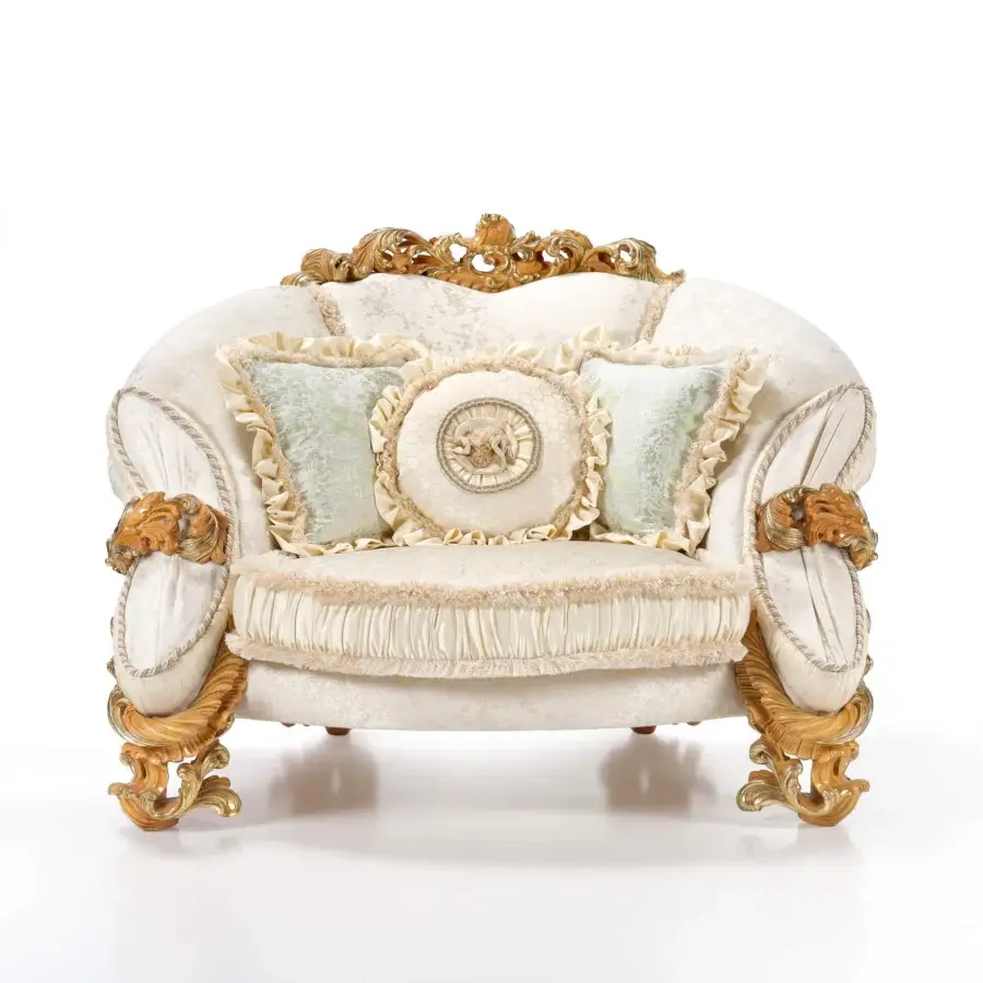 Lavish Riva Mobili D'Arte 22261 lounge chair crafted in gold leaf beech wood with tonal Italian fabrics and muted green cushions