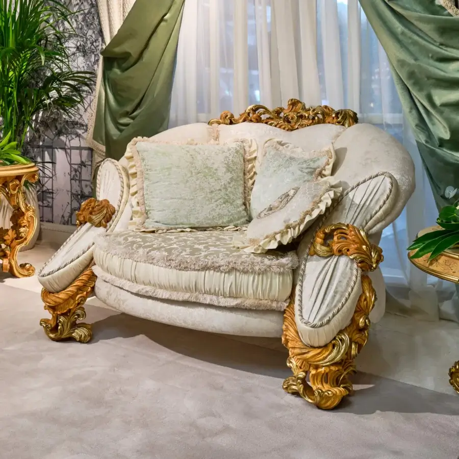 Superior Riva Mobili D'Arte 22261 lounge chair built with gold leaf beech wood and tonal Italian fabrics