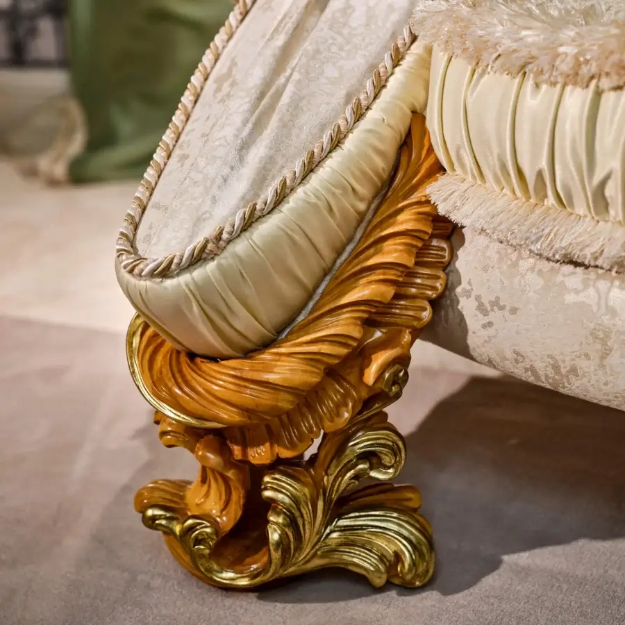 Distinguished Riva Mobili D'Arte 22261 lounge chair crafted in gold leaf beech with creamy beige tonal fabric upholstery