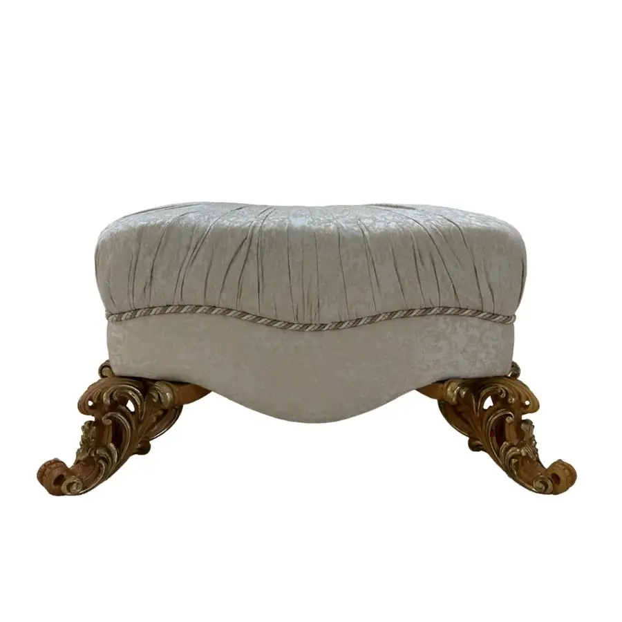 Exquisite Riva Mobili D'Arte 22260 ottoman with beige textile upholstery and ornate golden-toned wood frame