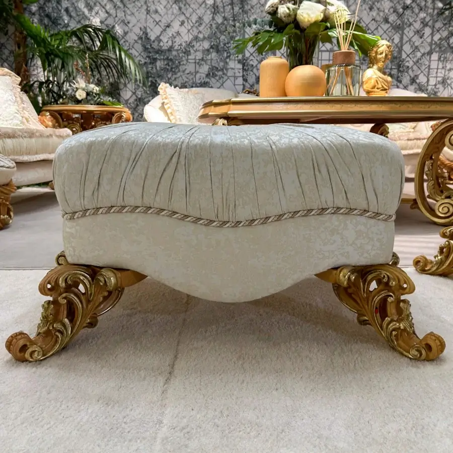 Superior Riva Mobili D'Arte 22260 ottoman crafted with cream textile upholstery and glossy golden hardwood frame